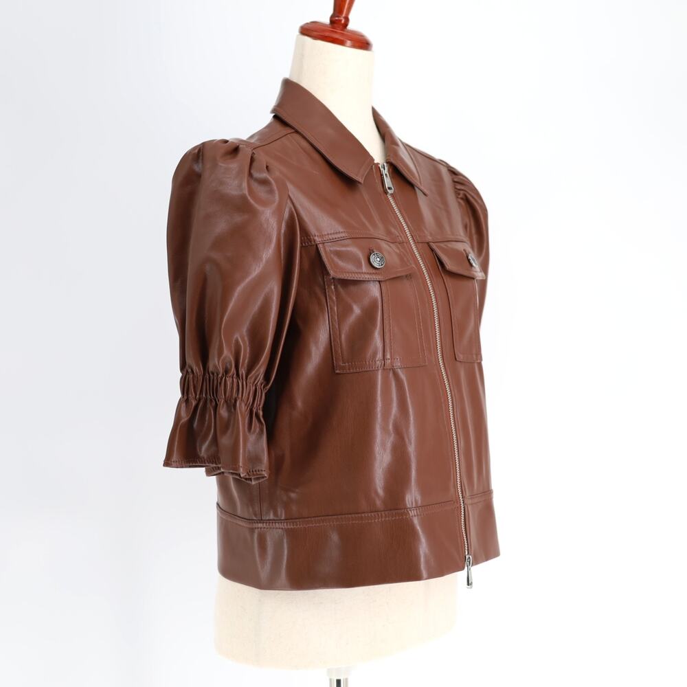 Cinq à Sept Women Espresso Vegan Leather Luxury Short Puff Sleeve Jacket Size M - Picture 7 of 10